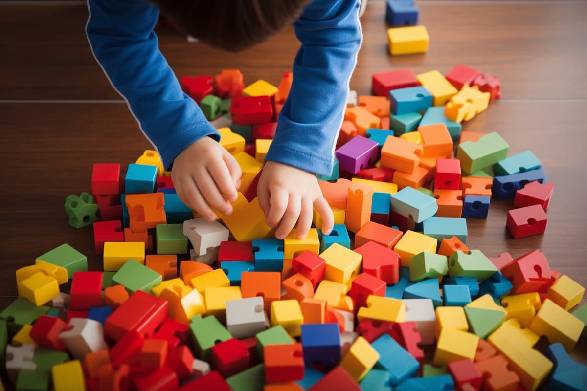 This shows a child playing with blocks.