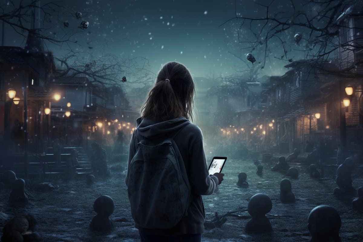 This shows a girl with a cell in a graveyard.