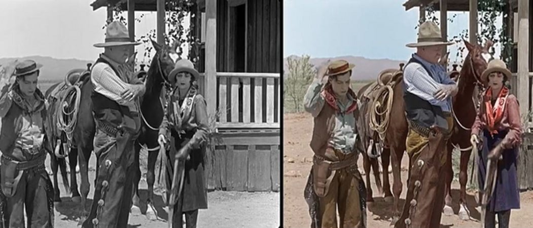 This shows a black and white image from an old movie and a colorized version