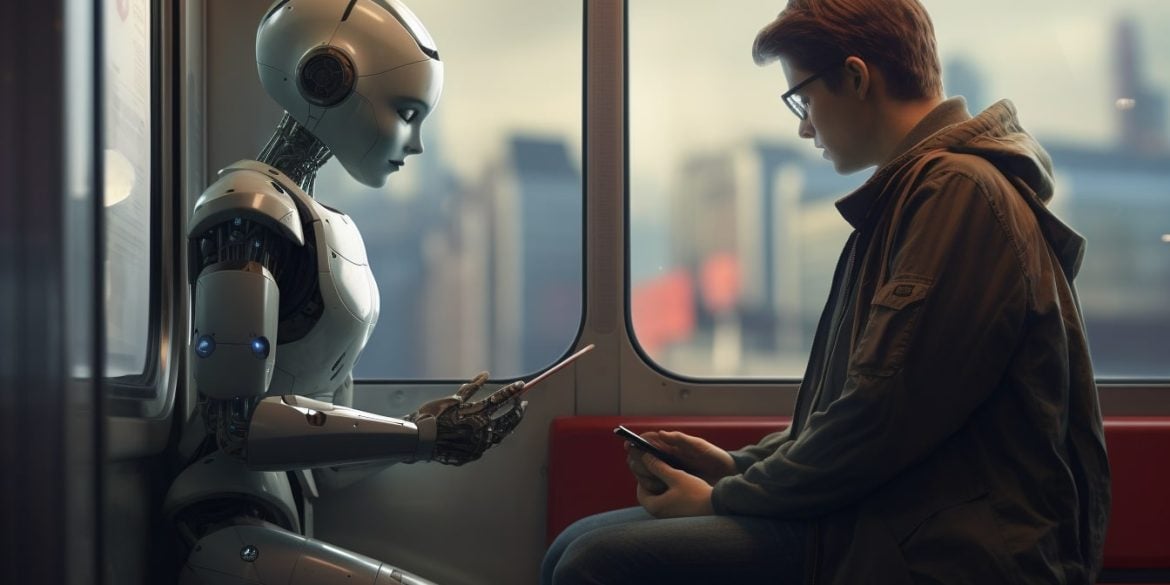 This shows a robot and a lonely man.
