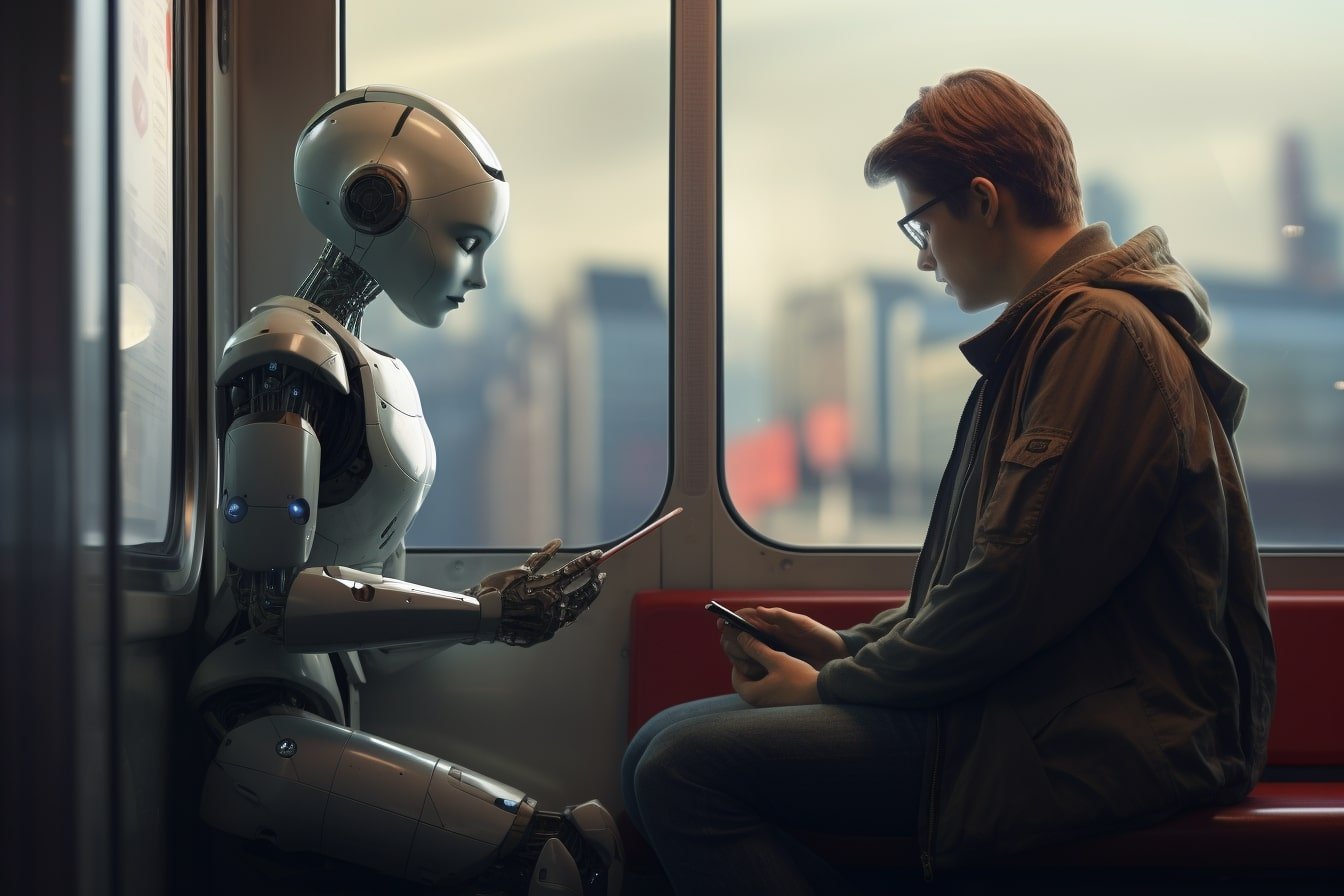 This shows a robot and a lonely man.