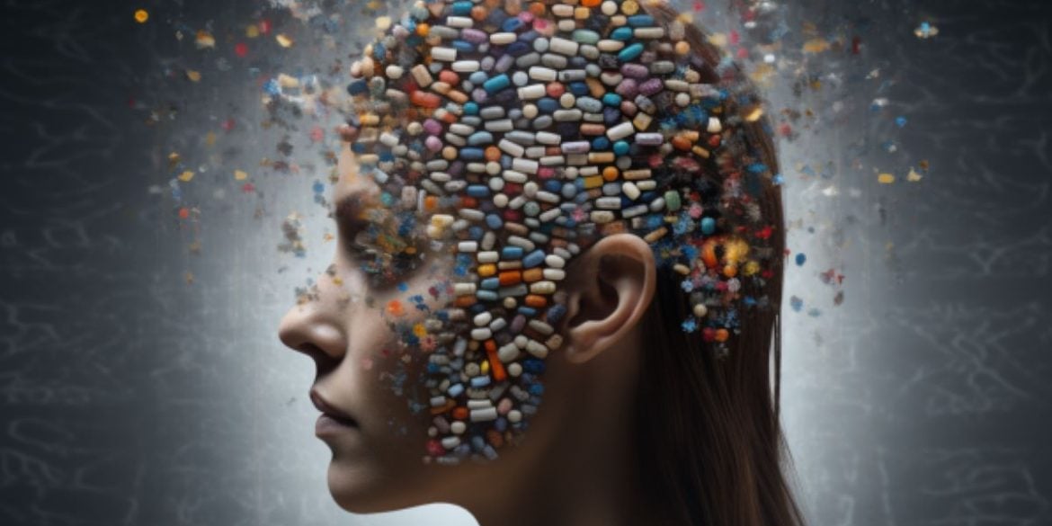 This shows a head covered in pills.
