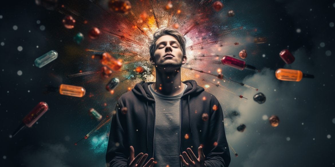 This shows a person surrounded by pills.