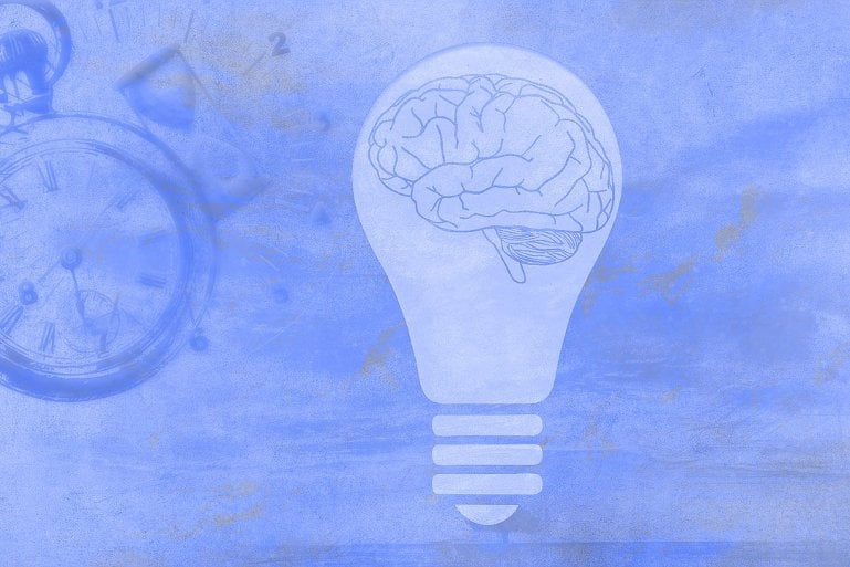 This shows a brain in a lightbulb and a clock