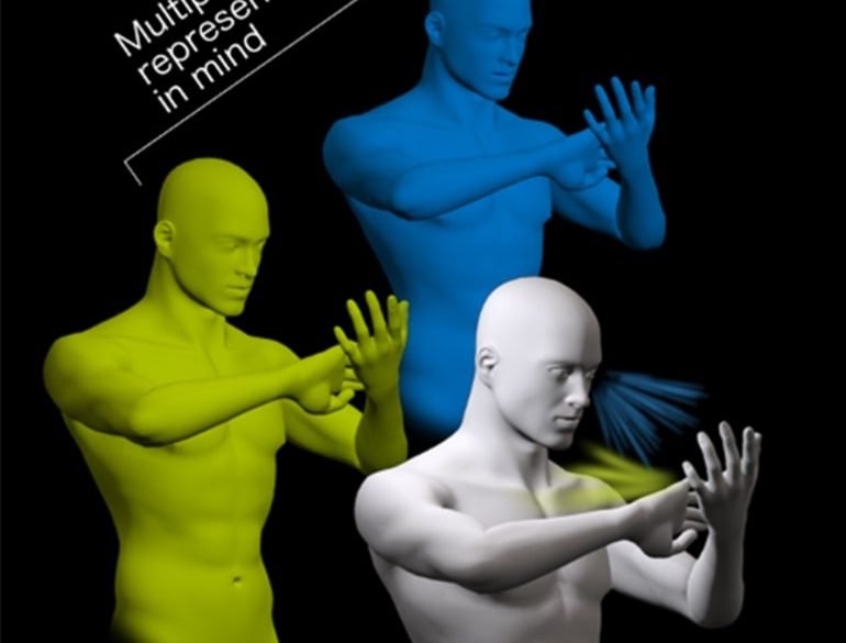 This shows a computer generated person touching its arm
