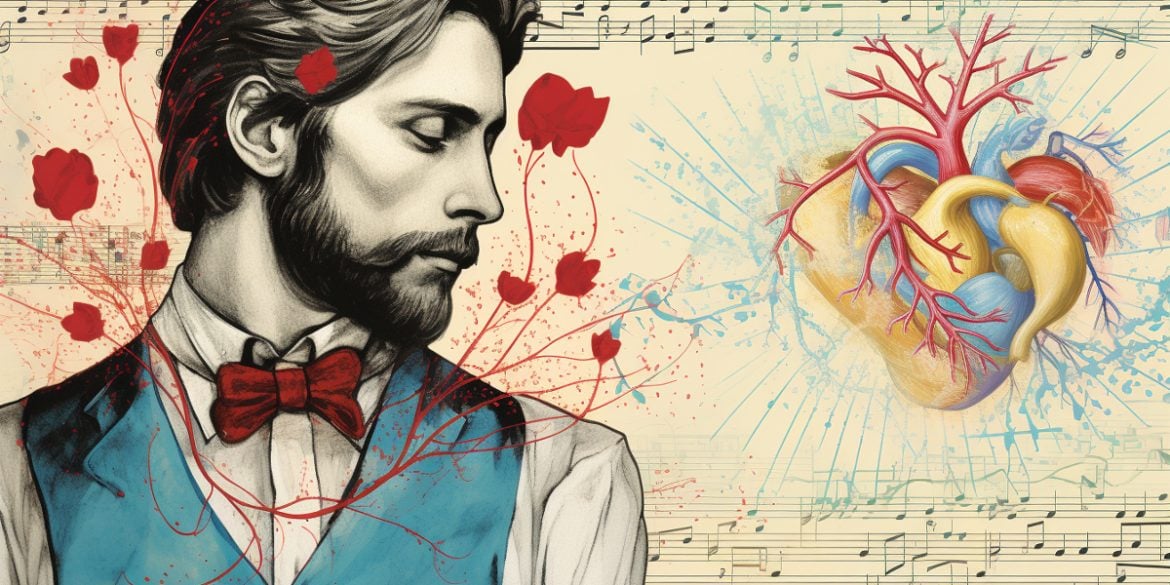 This shows a man, a heart, and sheet music.