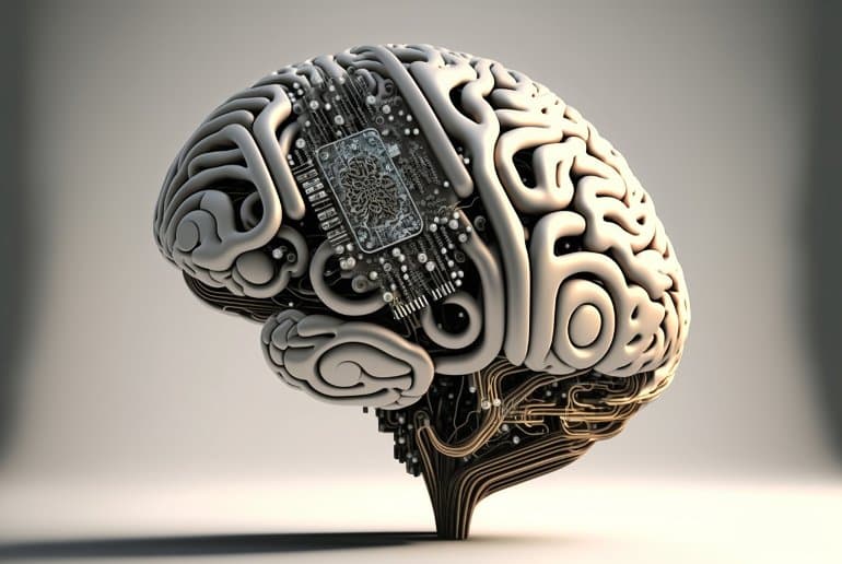 This shows a brain with a computer chip on it