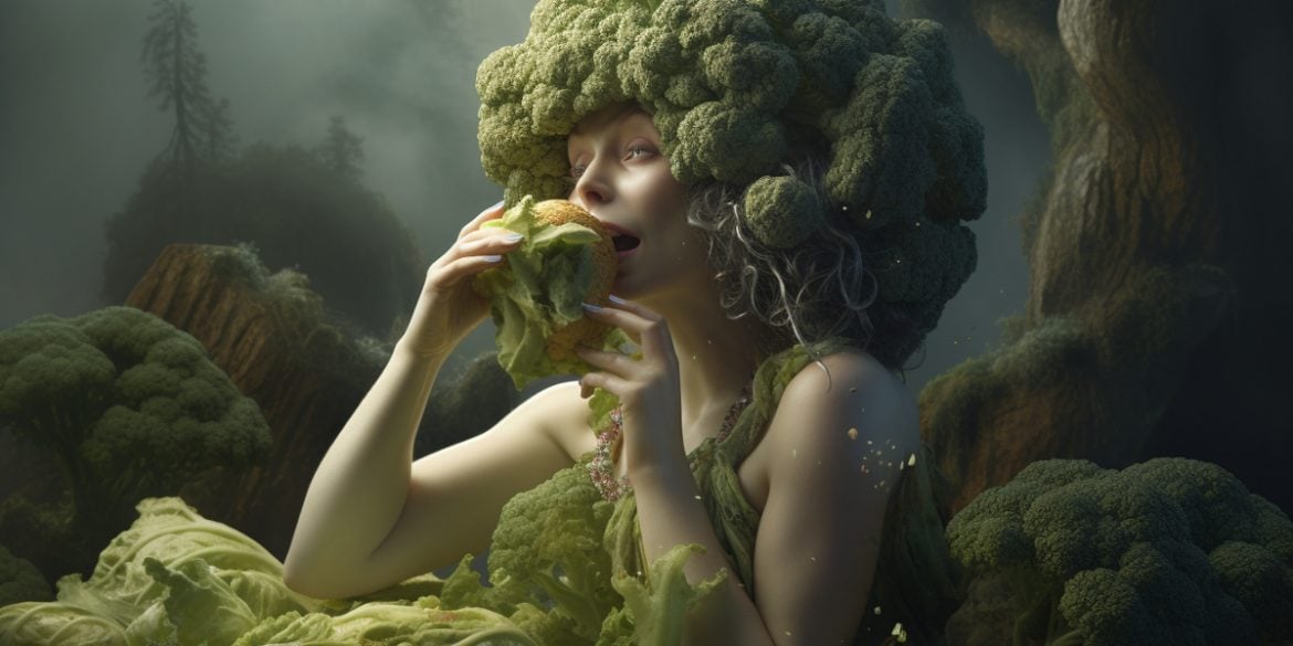This shows a woman eating broccoli.
