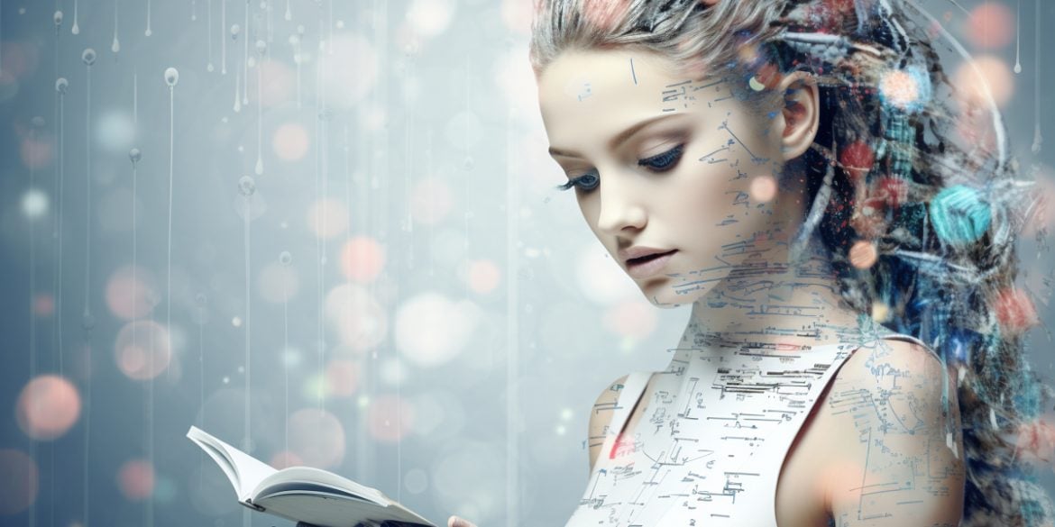 This shows a robotic woman and a book.