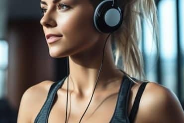 This shows a woman listening to music in the gym.