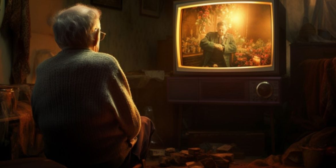 This shows an older man watching TV.