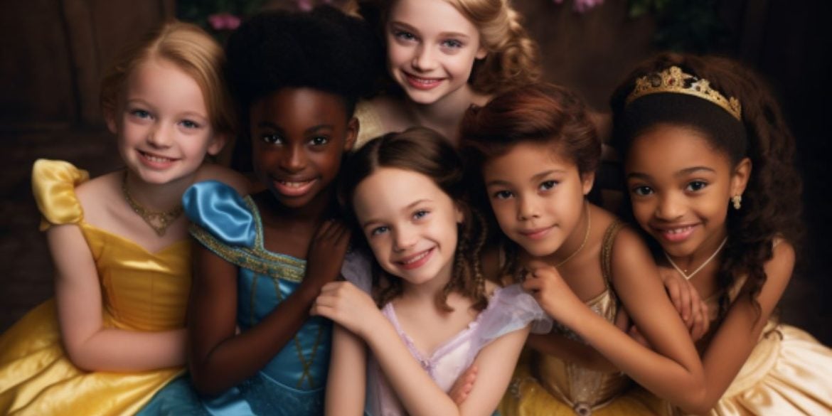 This shows little girls dressed as Disney princesses.