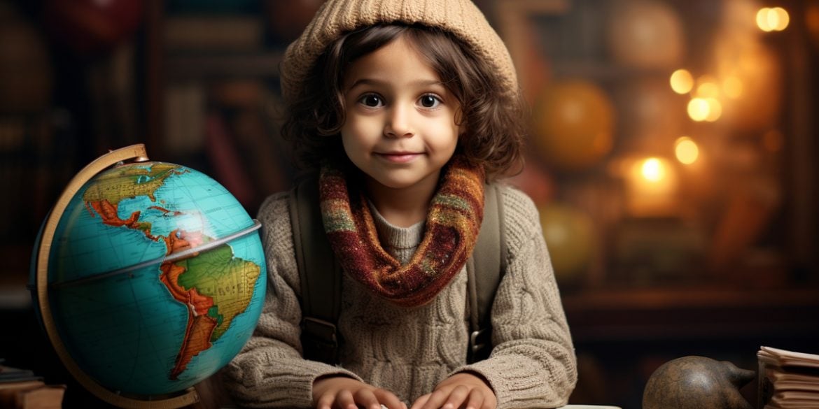 This shows a child, a book, and a globe.