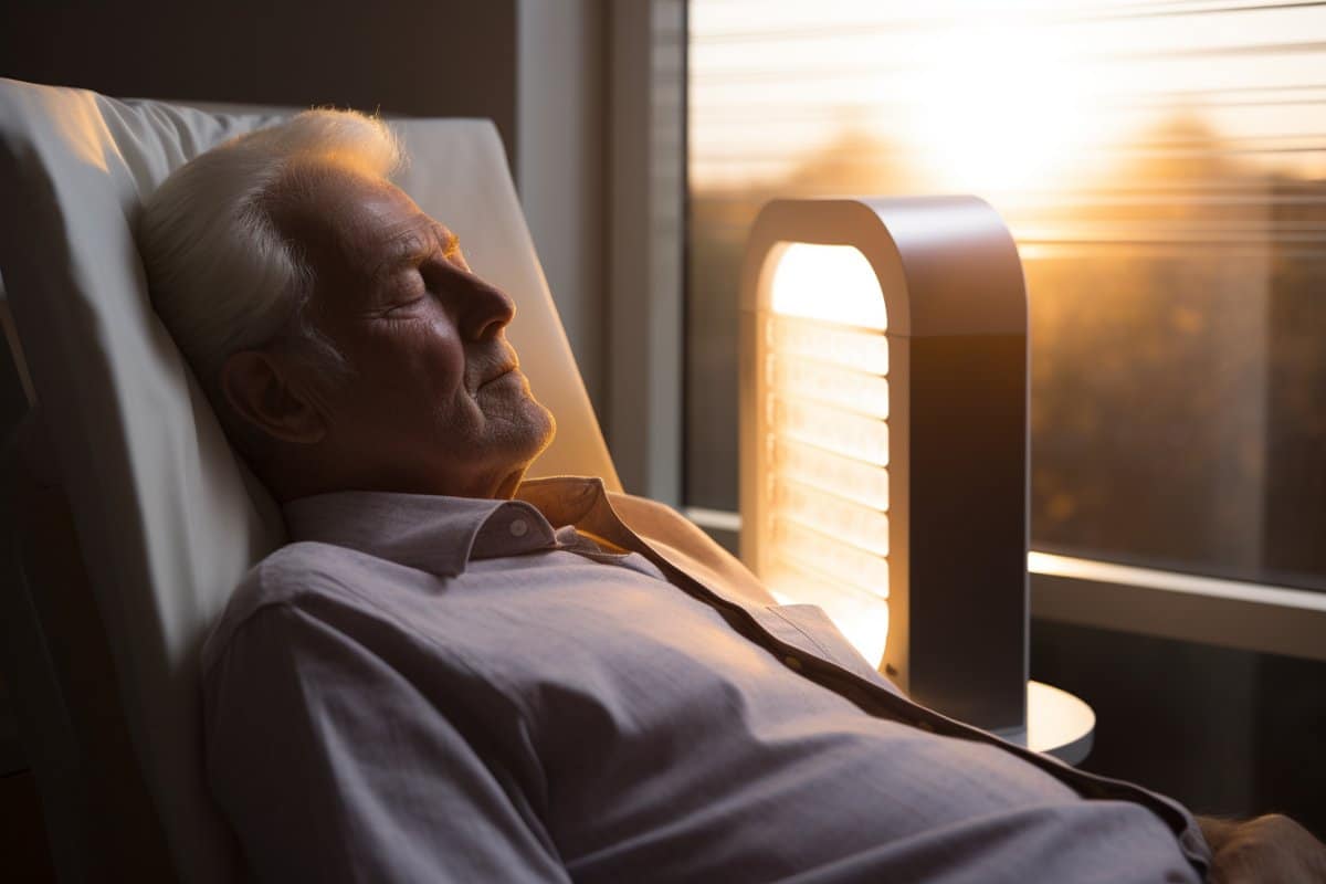 This shows an older man taking a nap by a light box.