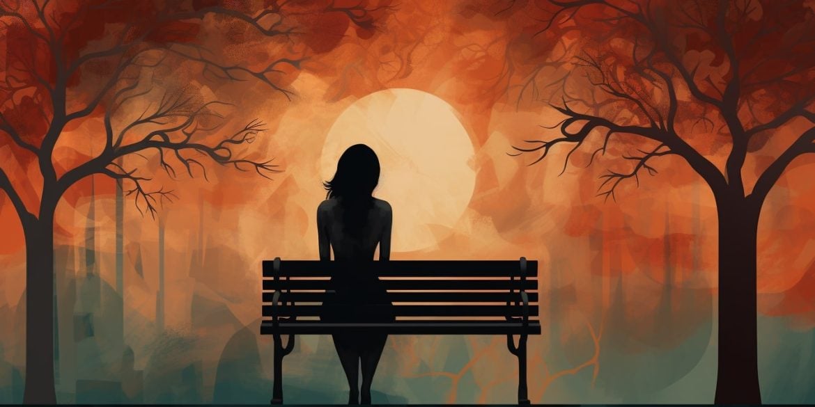 This shows a woman sitting alone on a bench.