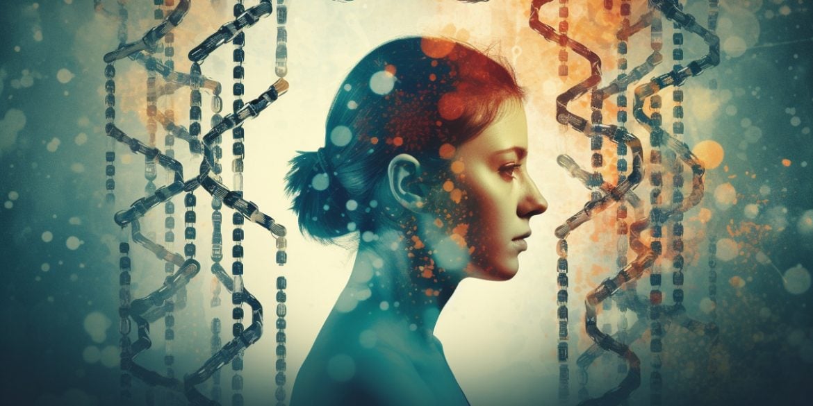 This shows a woman surrounded by DNA.