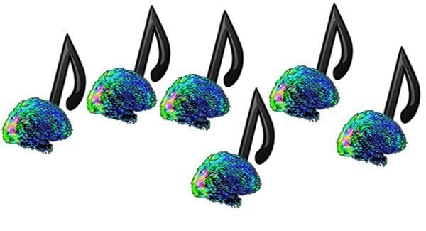 The image shows brains as the feet of musical notes.