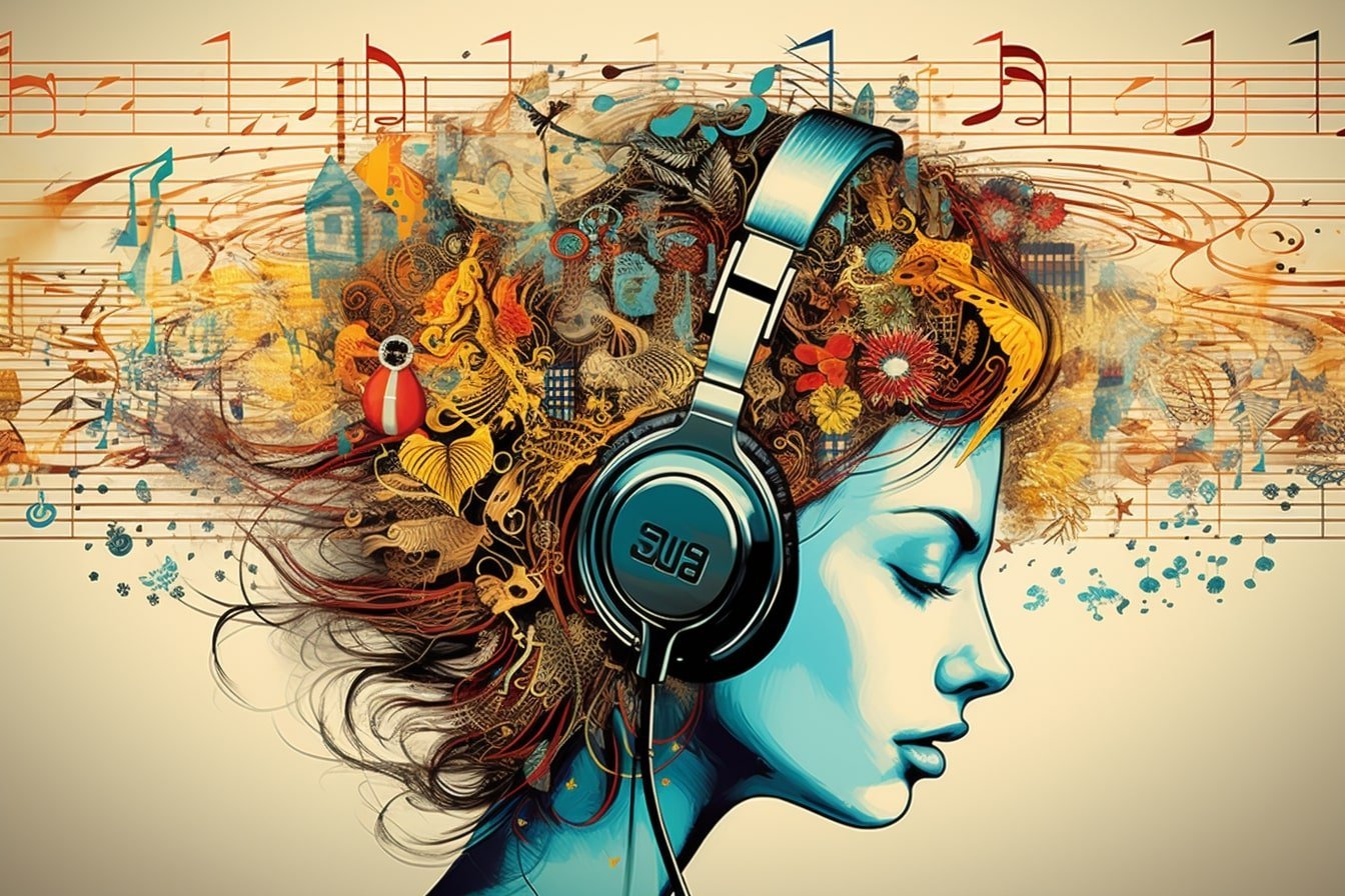 This shows a woman in headphones surrounded by musical notes.