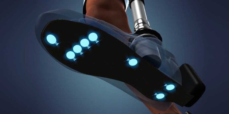 This shows a prosthetic foot with blue lights under it
