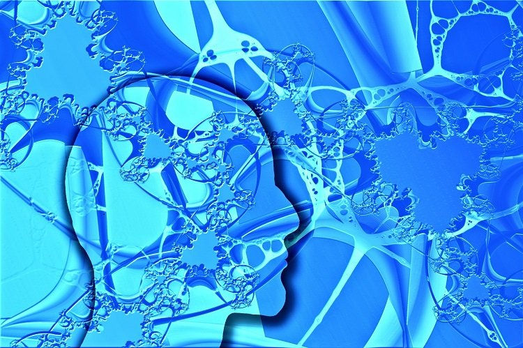The image shows the outline of a human head infront of a blue background which is supposed to resemble neurons.