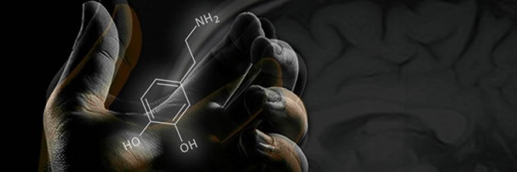 The image shows a hand with the chemical structure for dopamine drawn on it.