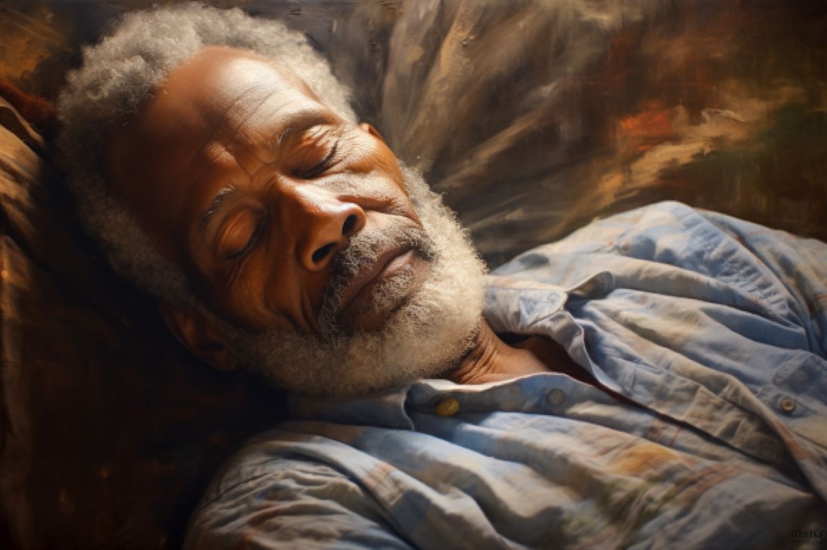 This shows an older man sleeping.