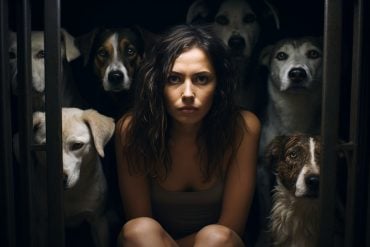 This shows a woman and dogs.