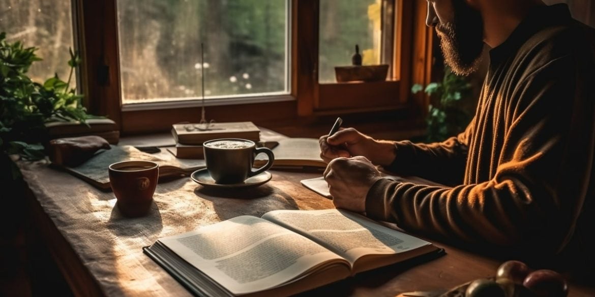 This shows a man sitting at a desk with a coffee and a bible.