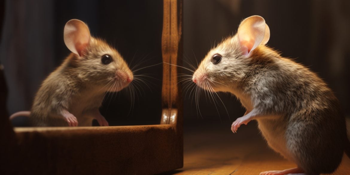 This shows a mouse looking at itself in a mirror.