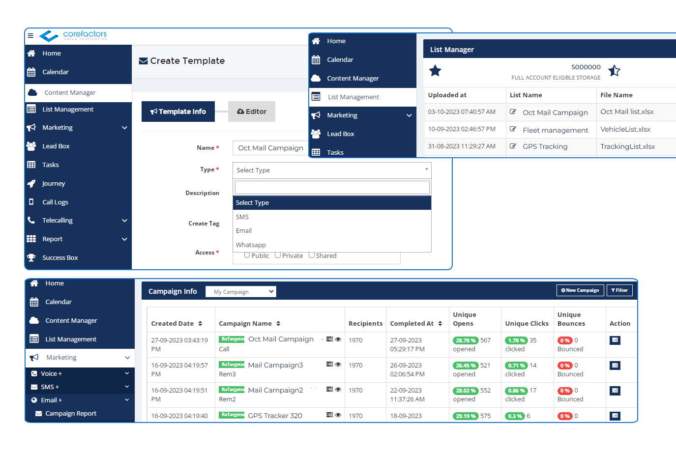 Corefactors CRM Marketing tools and features.