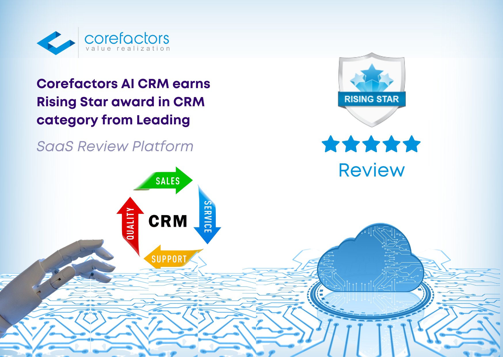 Corefactors AI CRM earns Rising Star Award in CRM Category from CompareCamp