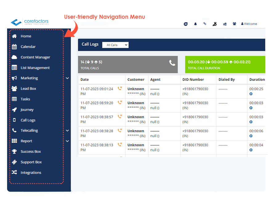 Corefactors AI CRM- user friendly navigation and interface